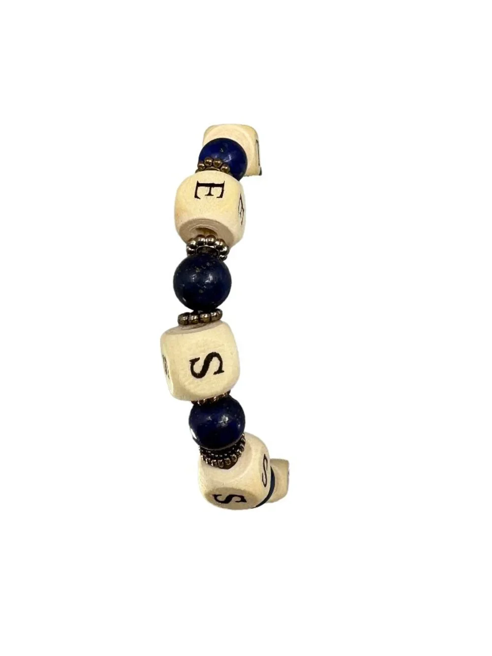 Custom Name Bracelet Personalized Wood Letter Block Natural Lapis Lazuli Gem
